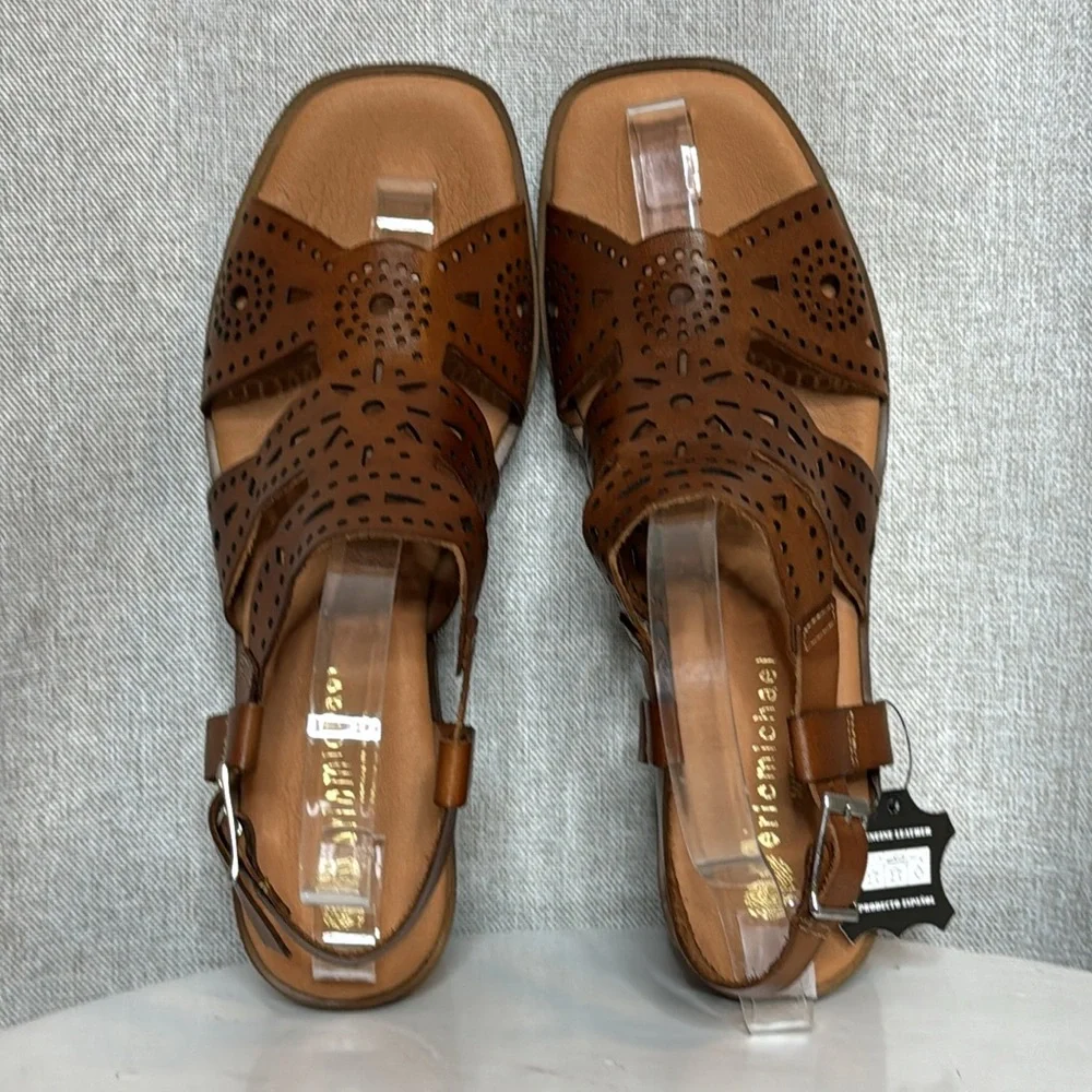 ERIC MICHAEL WHITNEY  COGNAC LEATHER LASER CUT PLATFORM BOHO SANDALS NIB EU 40